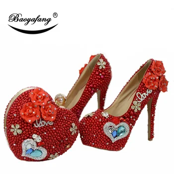 BaoYaFang Crveni Biseri Ženske cipele vjenčanje s odgovarajućim torbama Tanka Peta trendi Ženski večer modeliranje cipele i torbe postavlja visoke cipele