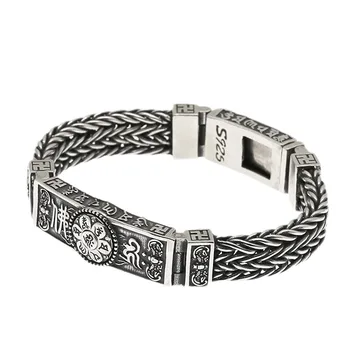 BOCAI New real solid S925 pure silver jewelry Buddhism Seven Star Turntable six-character mantra hand-tkani man bracelet