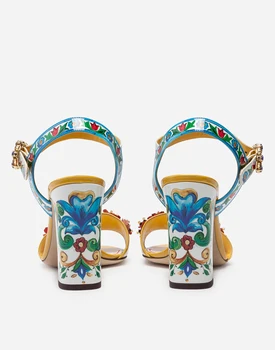 Cvjetnim Printevima Sandale Na Visoku Petu Cipele Za Žene Nabijen Blok Peta Peep Toe Crystal Kopča Za Remen Večernje Cipele Cvjetni Cipele Za Vjenčanje