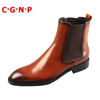 C·G·N·P Cipele Chelsea Za muškarce Remen od prave kože Jesen-Zima Kratke Čizme Ručni Rad Kvadratnom čarapa Vojne Čizme Za Muškarce S Мотоботы