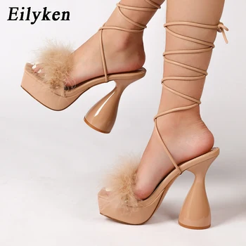 Eilyken / Nove Marke Sandale na platformu, Ukusan Večernje Sandale s Perjem i otvorenim Vrhom, trendi ljetne ženske Večernje Cipele Na Vrlo Visoku Petu