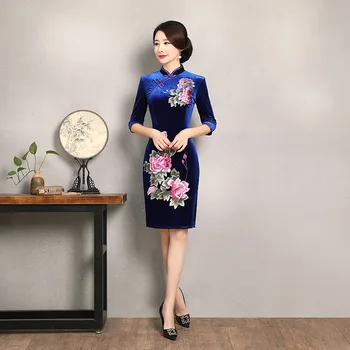 Jesen je Novi Ženski Velur Qipao Ovratnik-satna Izvesti Cvijet Kineski Stil Haljina Pola Vrećice Cheongsam Novo Odijevanje