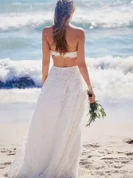 LORIE 2020 New Boho Wedding Dresses Full Elegant Lace Sleeveless Backless Seksi Beach Bride Dress No Train Simple