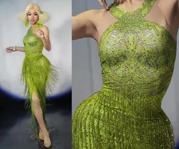 Novi dizajn Neonski Zelene Rese Duga Haljina Veliki Protežu Jedan Detalj Sa Plesna Odjeća Odjeća Noćni Klub Show Rođendan Slaviti Haljina