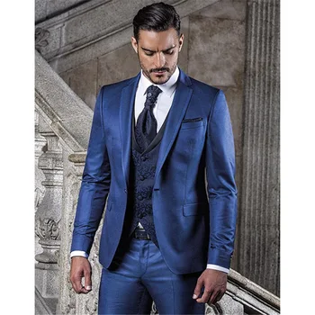 Novi Dizajn Plave Muške Svadbene Nošnje 2020 Maturalnu Večer Tuxedos Mladoženja Komplet od 3 Predmeta Slim Fit Poslovne Muško Odijelo (Blazer+Prsluk+Hlače)