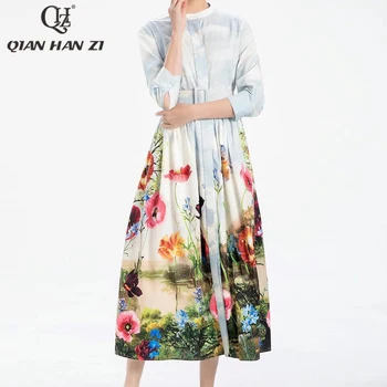 Qian Han Zi Visoke kvalitete Jesen Pistu piste Dizajnerske Haljine Za Žene 3/4 Rukava Elegantni Cvjetni print Tanak pojas Vintage Duga Haljina