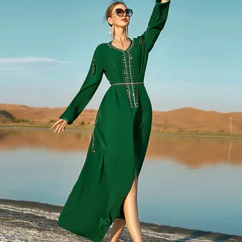 Ramazan Bajram Islamske Moderan haljinu Haljinu Ručne izrade Dijamant Etničko Kimono Dubai Abaja Turski Ženske haljine Kaftan Zeleno Odijelo