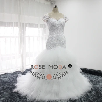 Ruža Moda Kratkih Rukava Sirena Vjenčanica Perle Čipke Afrika Vjenčanica Tila Bujna Suknja 2019