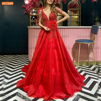 Seksi Crvene Večernje Haljine 2021 robe de soirée femme A Line Custom Made večernja haljina Tila Oblog Zrna Ženske Večernje Haljine